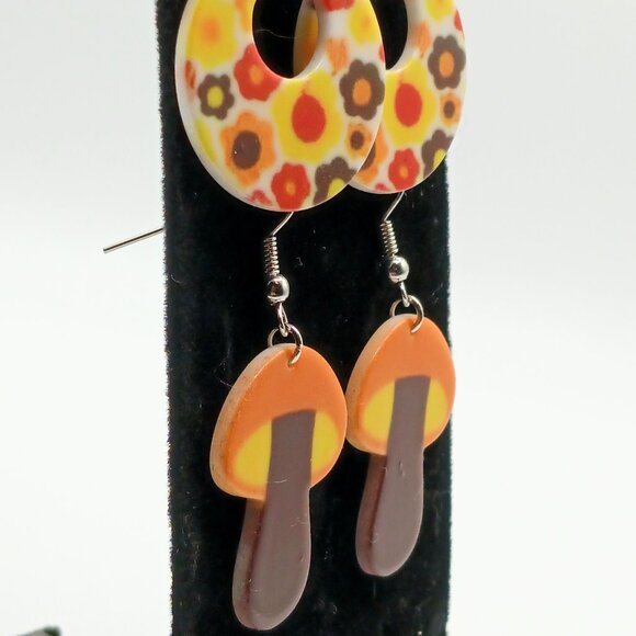 Flower Power Retro Mushroom, Rainbow, Smiley Face, Floral Earrings - Spencer's - Picture 4 of 4